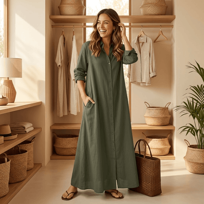 Halvine Button-Through Maxi Shirt Dress with Long Sleeves and Side Pockets