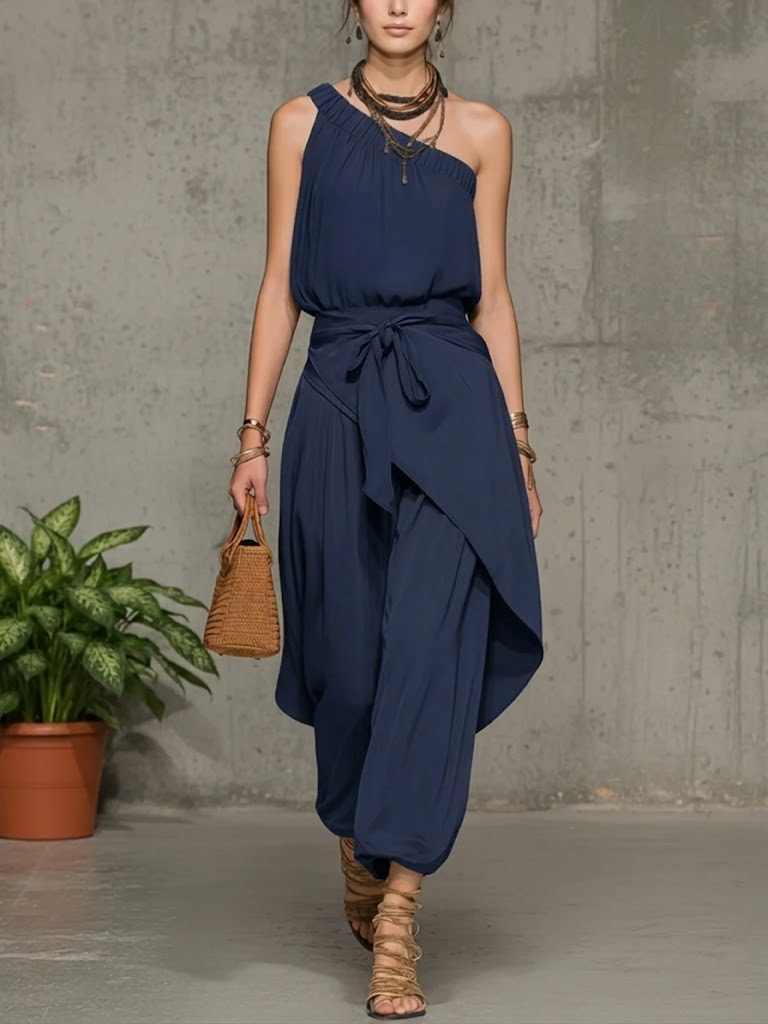 One-Shoulder Linen Jumpsuit with Harem Wide-Leg Silhouette and Tie Waist