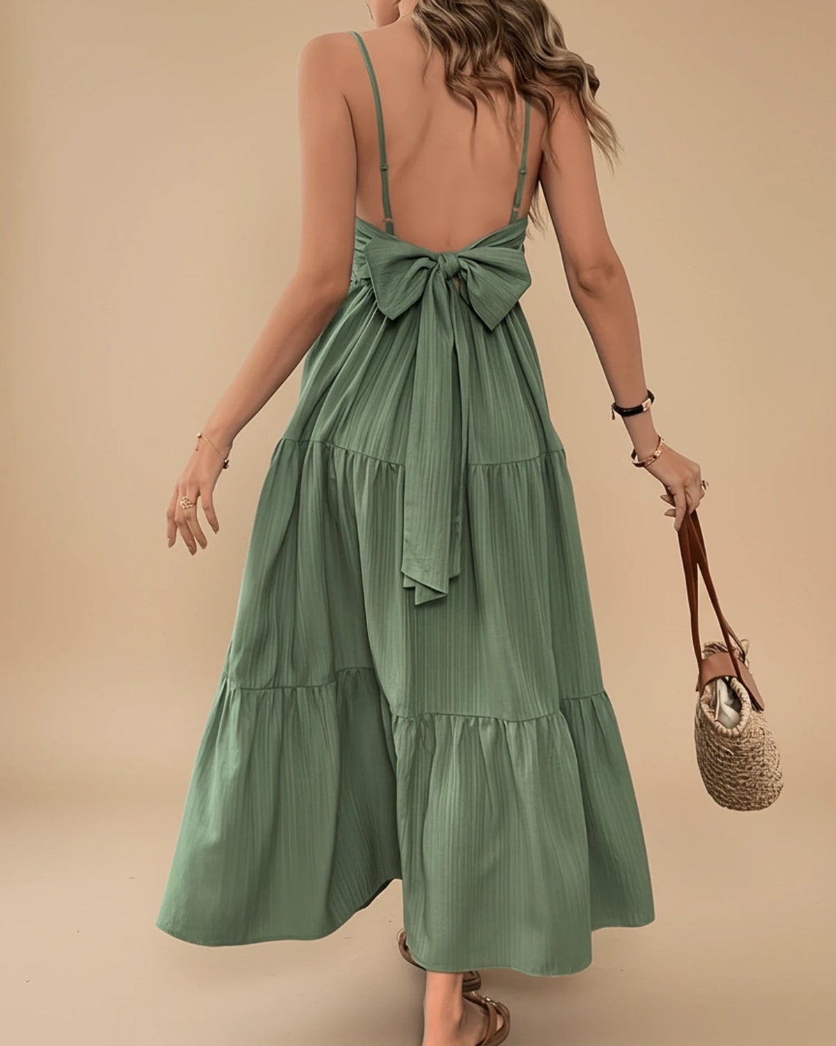 Tiered A-Line Summer Maxi Dress with Spaghetti Straps and Tie Back