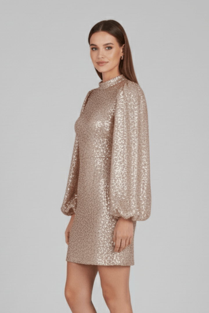 Sequin Bishop Sleeve Mini Dress with Round Neckline