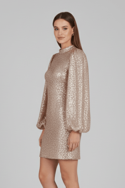 Sequin Bishop Sleeve Mini Dress with Round Neckline