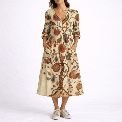 Floral Linen Women's Summer Midi Dress with Three-Quarter Sleeves