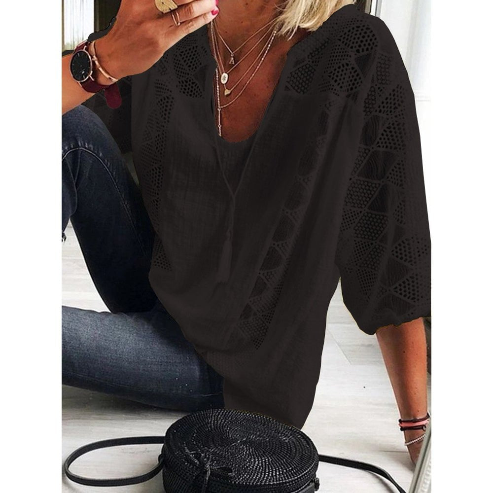 Crochet Panel Boho Blouse with Three-Quarter Sleeves