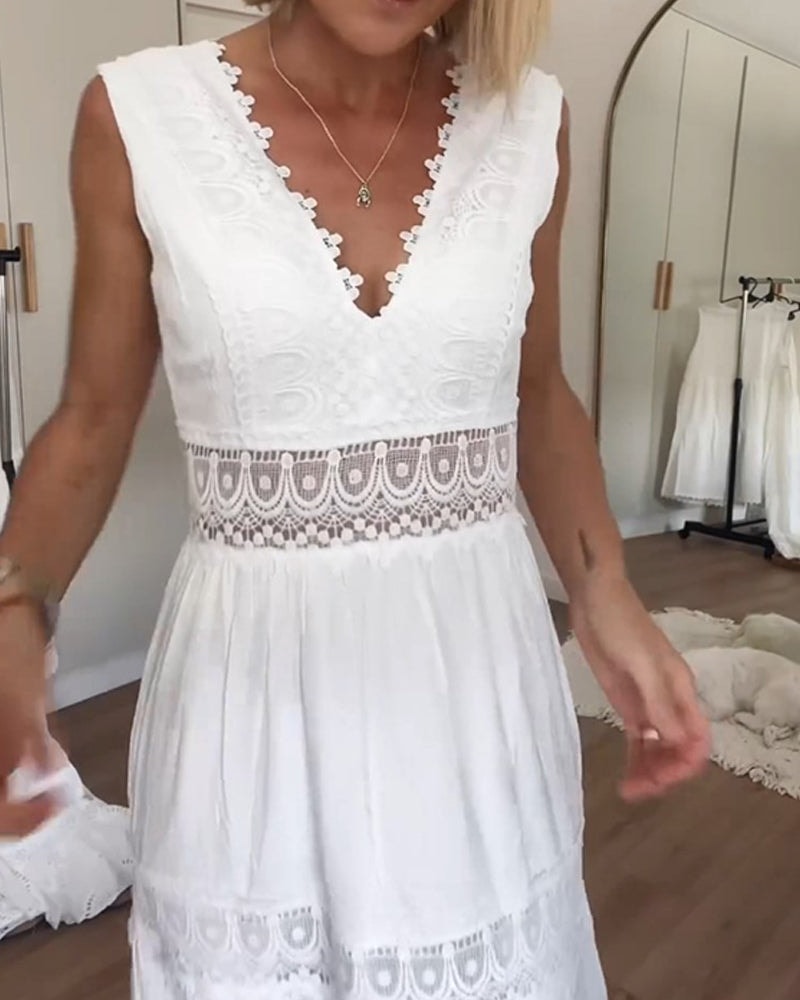Anna Lace-Trim V-Neck Tiered Cotton Summer Dress with Open Back