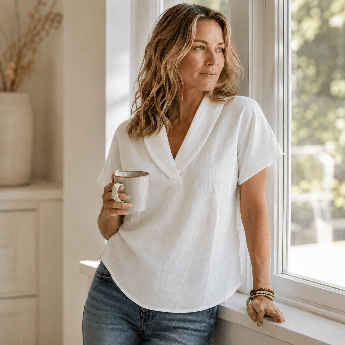 Shawl-Collar V-Neck Short Sleeve Top with Textured Weave