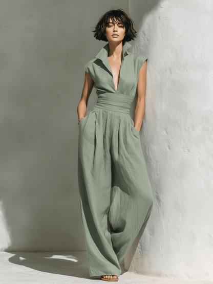 High-Waist Wide-Leg Linen Blend Jumpsuit with Pockets for Women