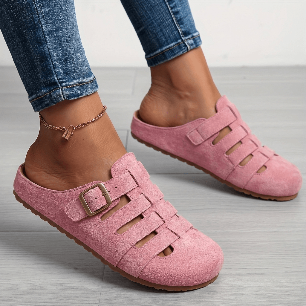 Women's Cushioned Suede Mule Sandals with Buckle Strap