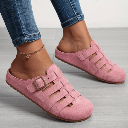Women's Cushioned Suede Mule Sandals with Buckle Strap