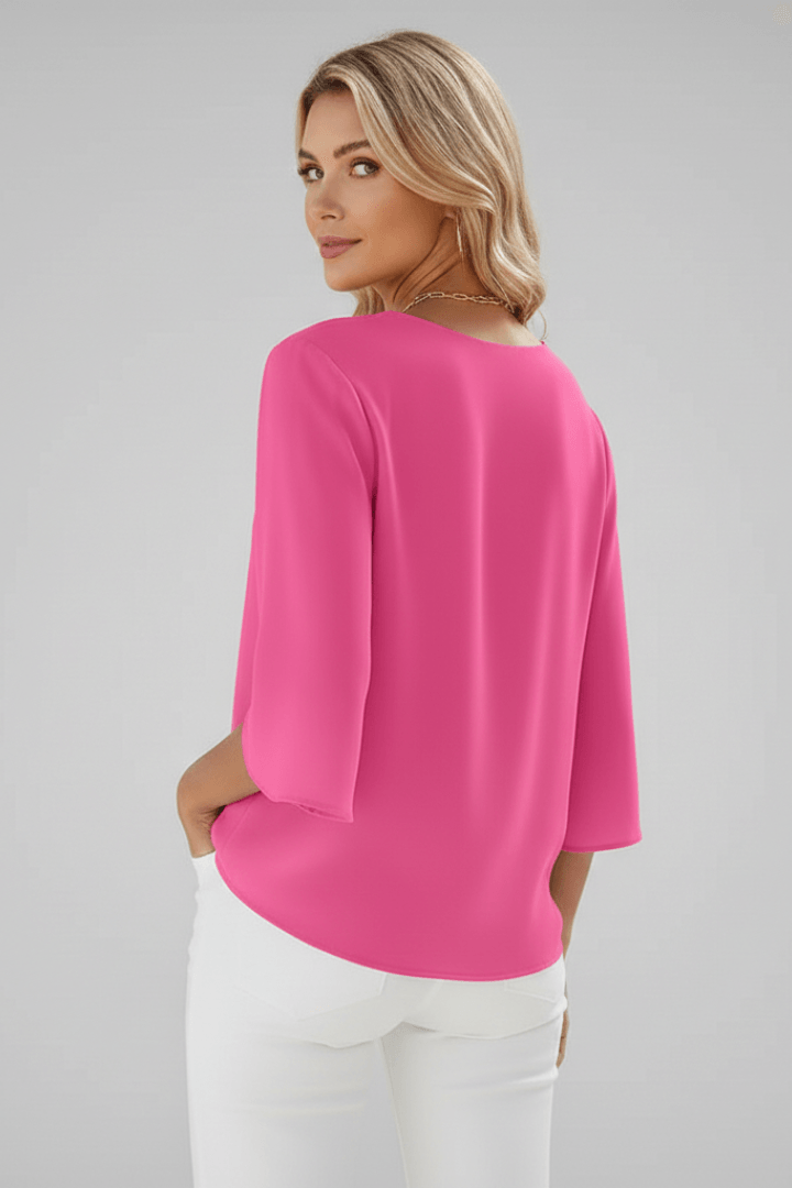 V-Neck Blouse with Three-Quarter Split Sleeves and Curved Hem