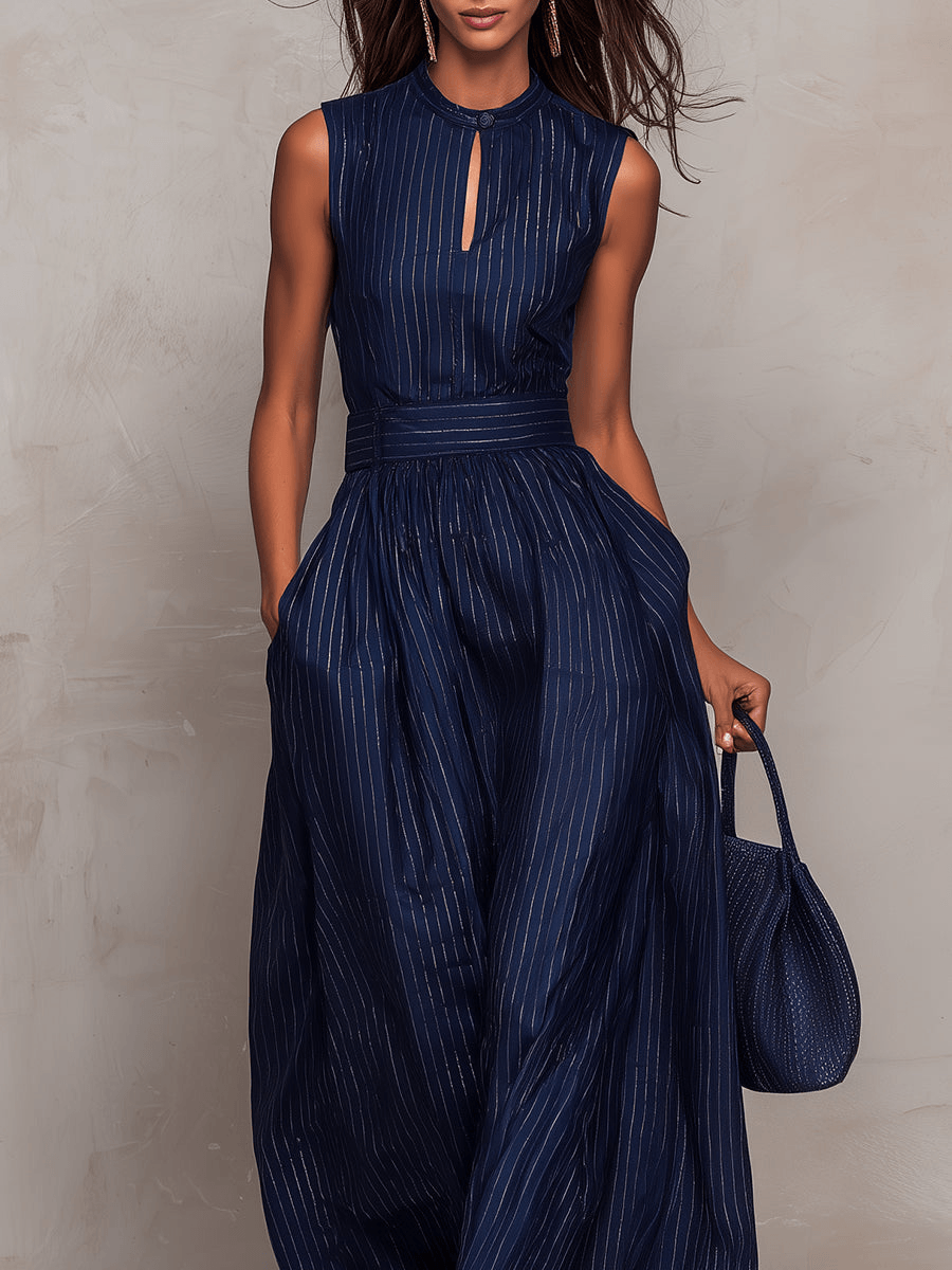 Women's High-Neck Wide-Leg Striped Linen-Blend Jumpsuit
