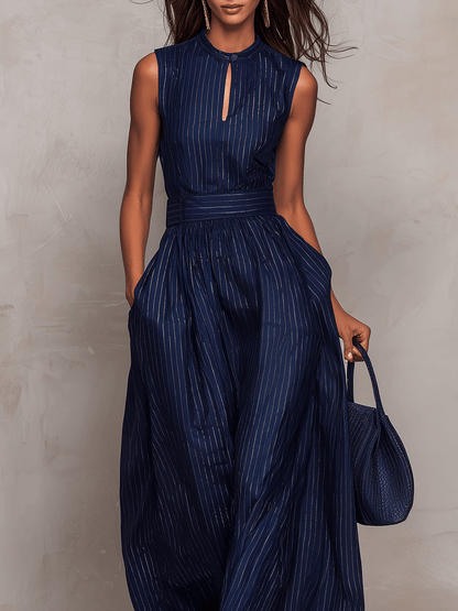 Women's High-Neck Wide-Leg Striped Linen-Blend Jumpsuit