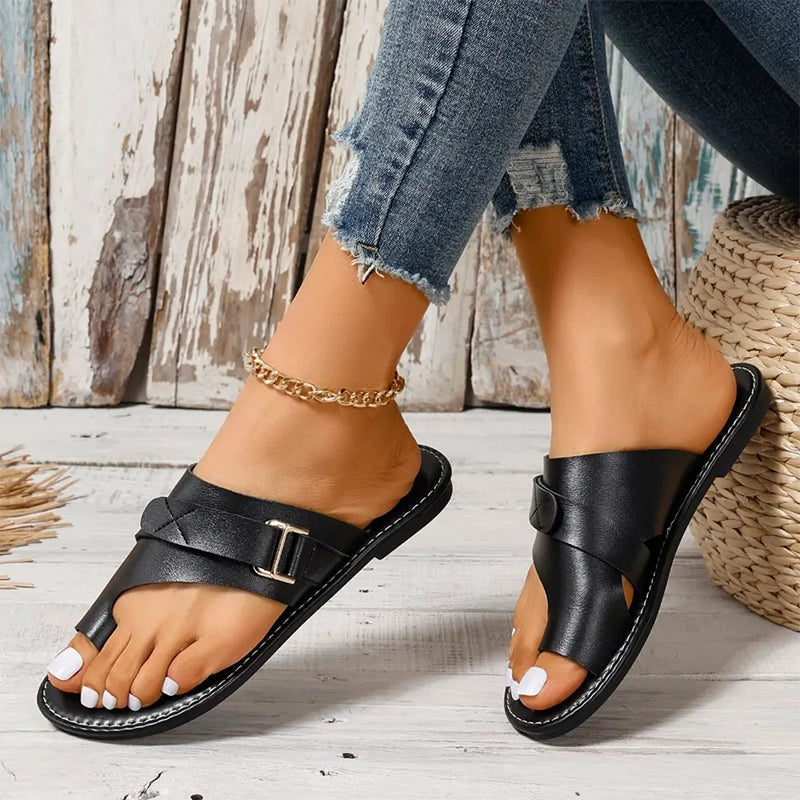 Comfortable Orthopedic Slide Sandals with Flat Sole and Adjustable Buckle Strap