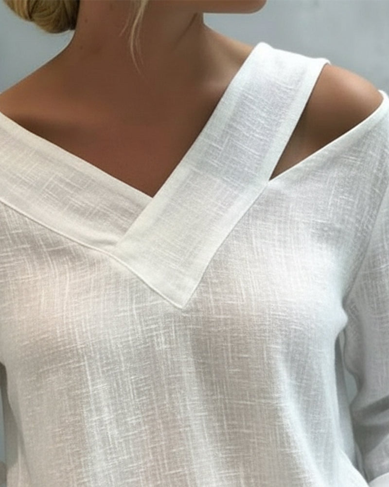 Vera Asymmetric V-Neck Linen-Look Top with Cold Shoulder Detail for Summer