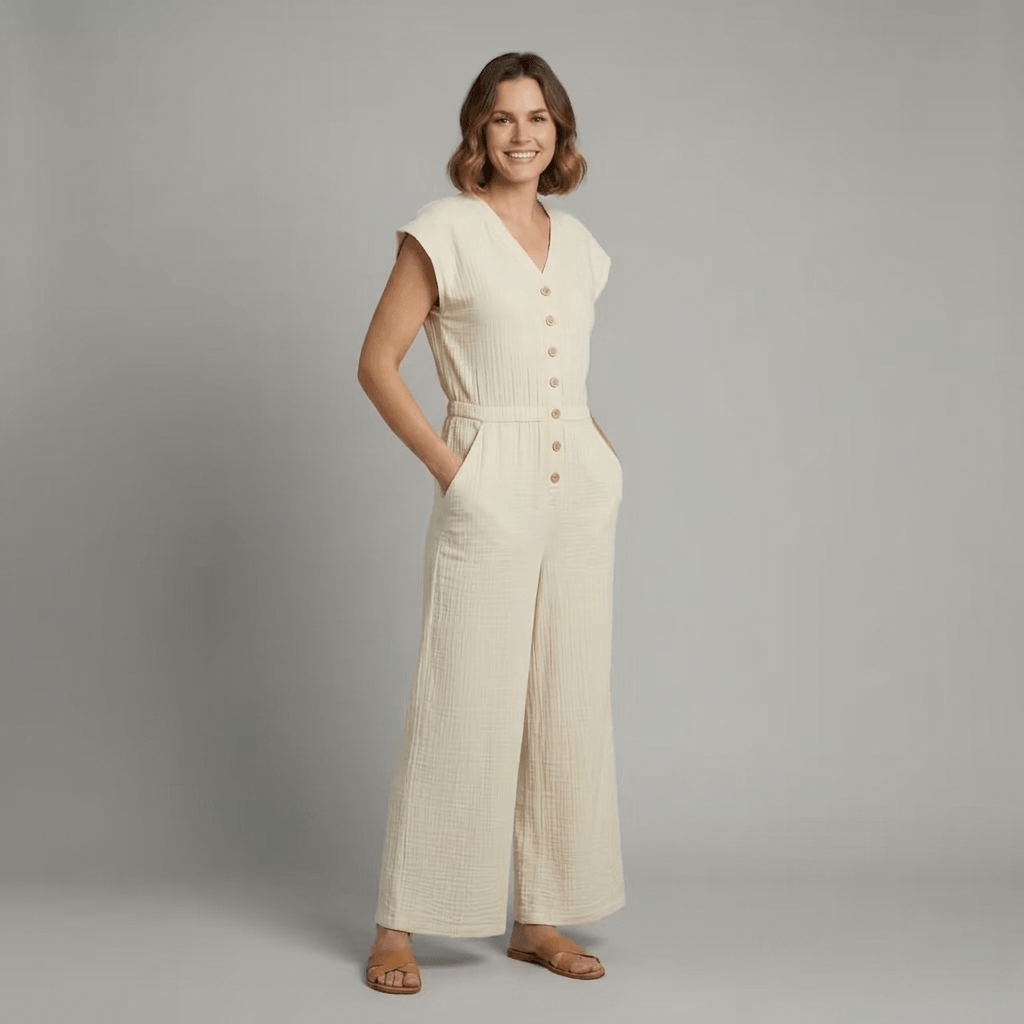 Wide-Leg Button-Front Jumpsuit with V-Neck Cap Sleeves and Side Pockets