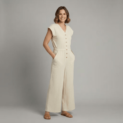 Wide-Leg Button-Front Jumpsuit with V-Neck Cap Sleeves and Side Pockets