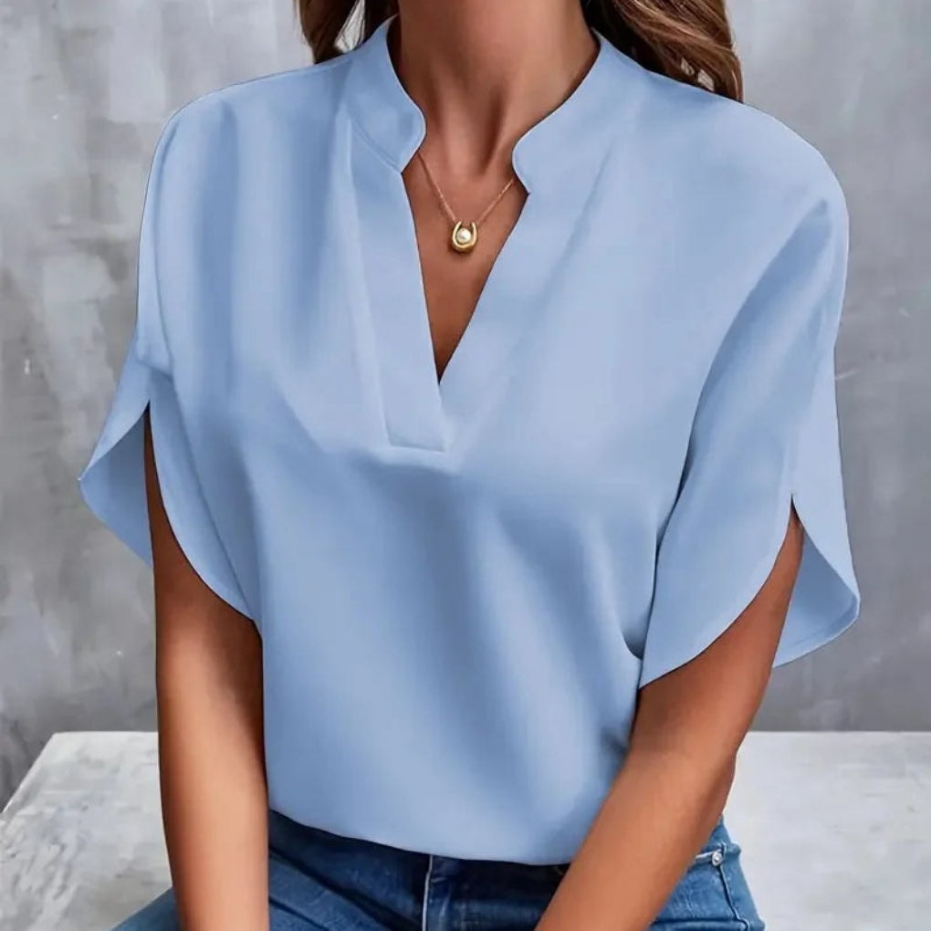 Women's V-Neck Split-Sleeve Top with Flowy Loose Fit