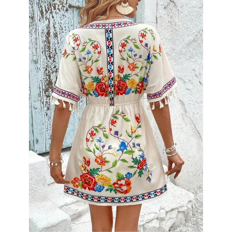 Isla Pemberton Boho Floral Tassel-Sleeve Women's Mini Dress