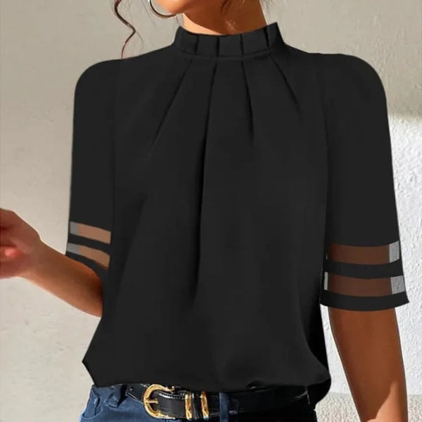 Women's Cold-Shoulder Pleated Blouse with Mock Neck