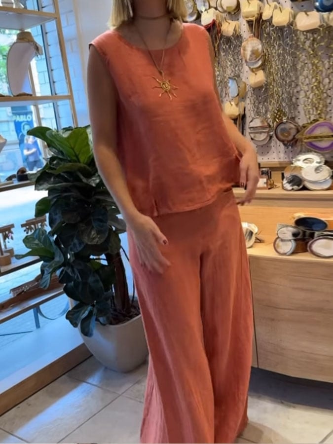Women's Sleeveless Wide-Leg Linen Jumpsuit with Elastic Waist