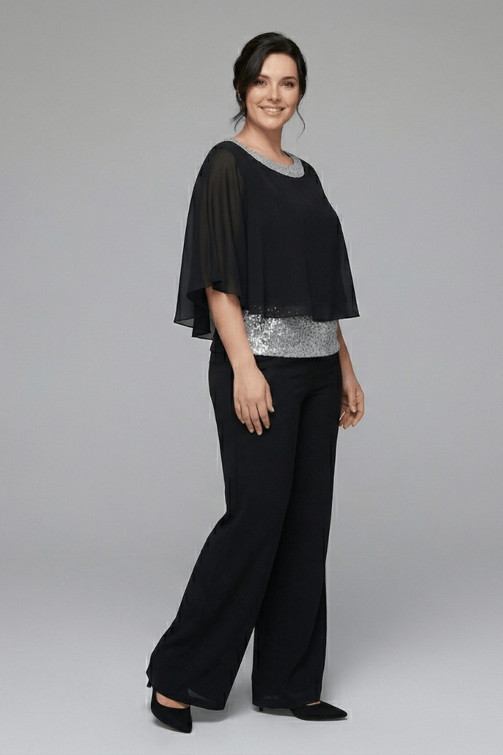 Women's Matching Two-Piece Set with Sequin Chiffon Cape Top and Wide-Leg Pants
