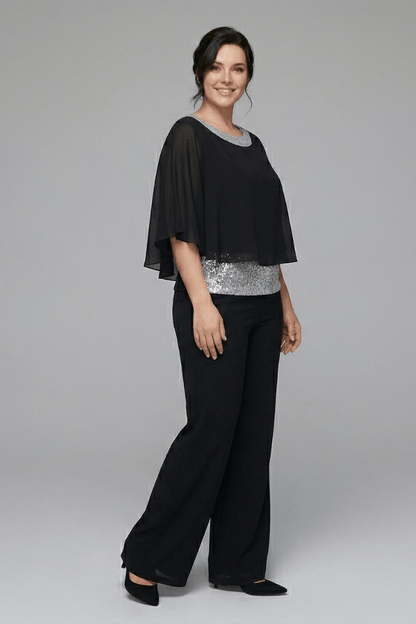 Women's Matching Two-Piece Set with Sequin Chiffon Cape Top and Wide-Leg Pants