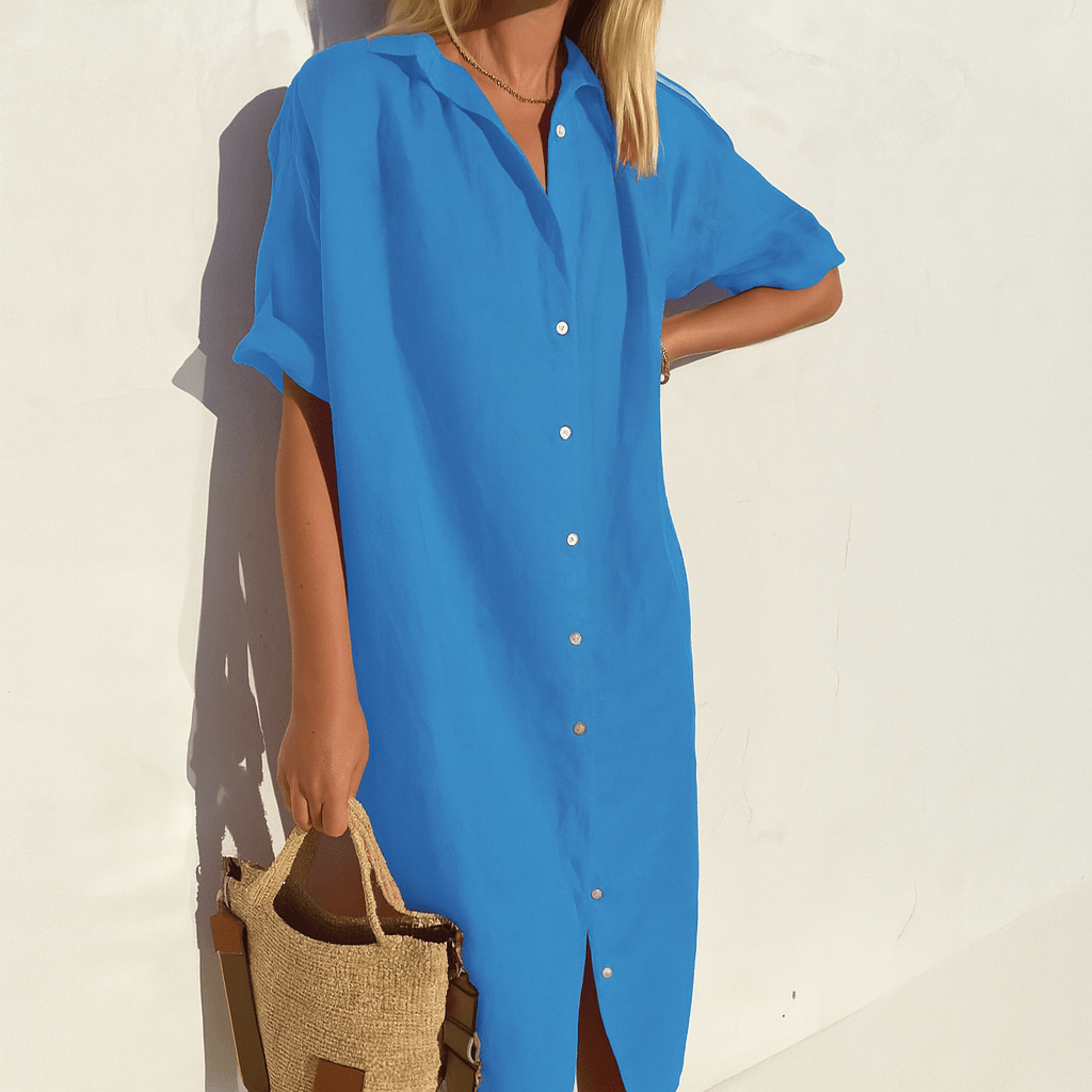 Button-Down Linen Shirt Summer Midi Dress with Collar for Women
