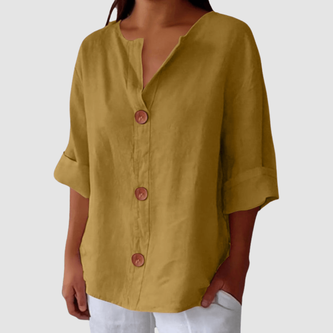 Leah Casual Linen Blouse with V-Neck Button Front and Rolled Sleeves