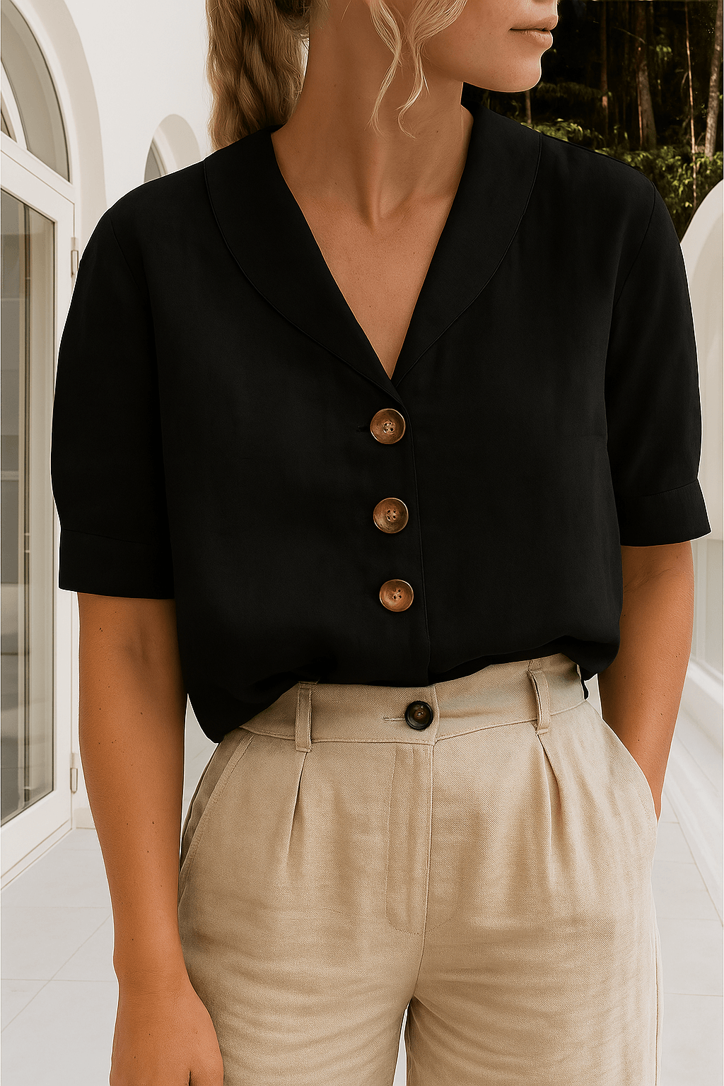 Women's Short Sleeve V-Neck Cotton Button-Down Top for Office Wear