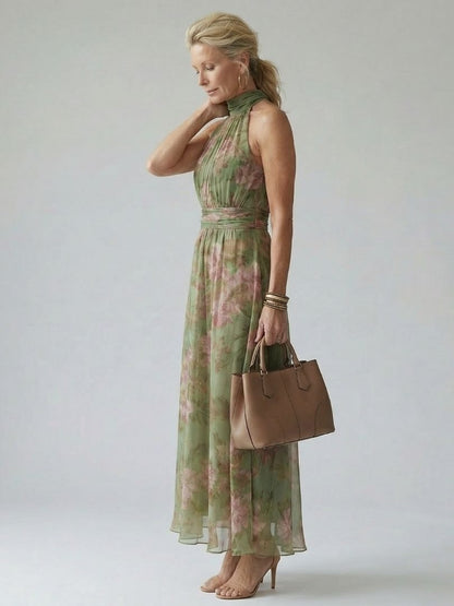 Floral Halter-Neck Summer Maxi Dress with Cinched Waist for Women
