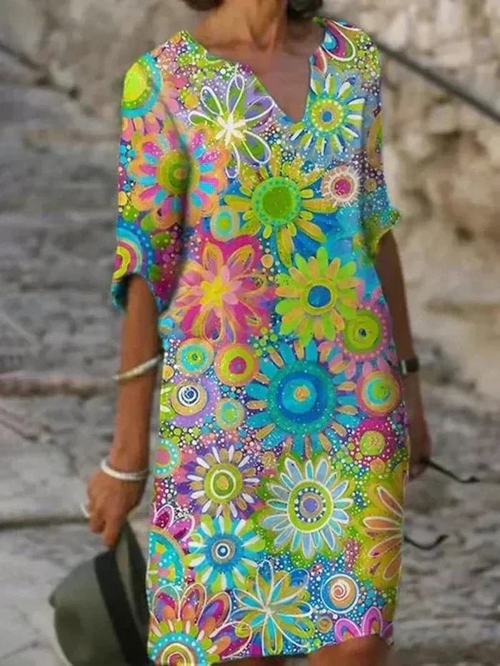 Nira Loose Midi Dress with Bold Floral Print and Notched V-Neck