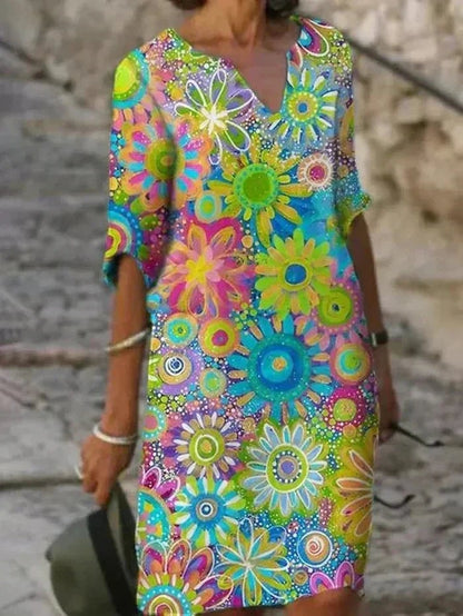 Nira Loose Midi Dress with Bold Floral Print and Notched V-Neck