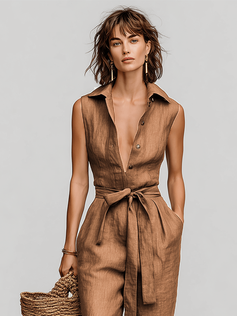 Women's Belted Wide-Leg Linen Jumpsuit with Pockets
