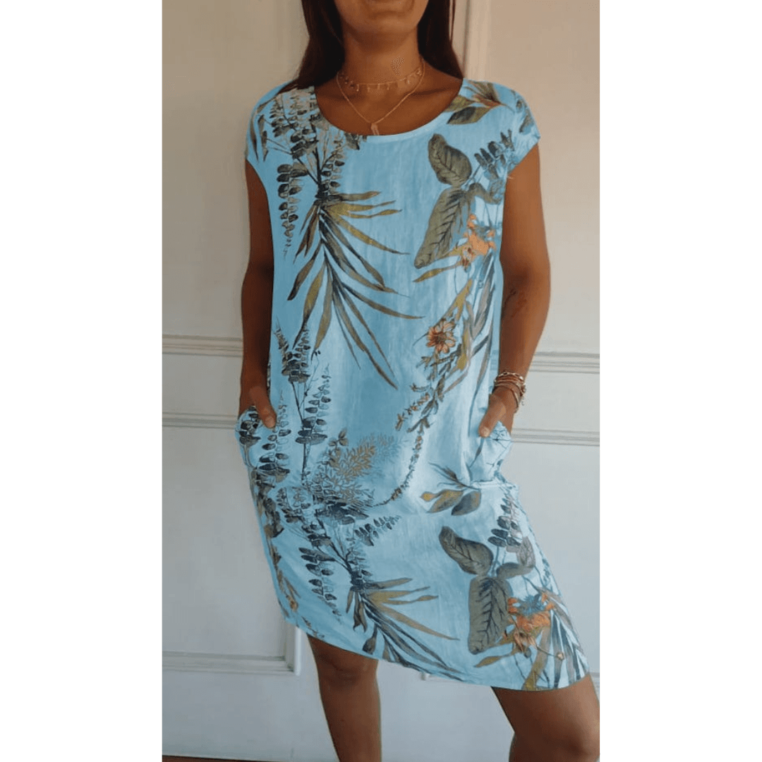 Women's Floral Print Round-Neck Midi Dress with Pockets