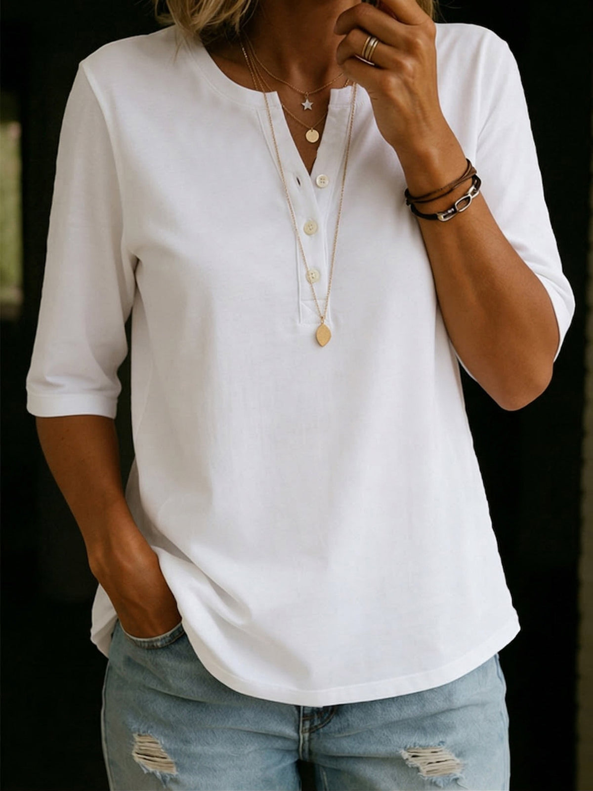 Relaxed Linen Henley Top with Half Sleeves and Button Placket