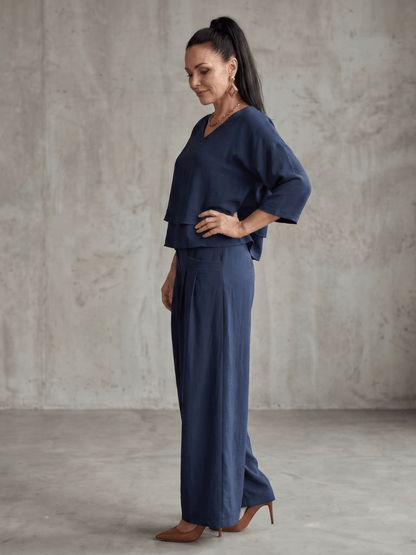 Matching Co-Ord Two-Piece Set with Layered V-Neck Top and Wide-Leg Pants