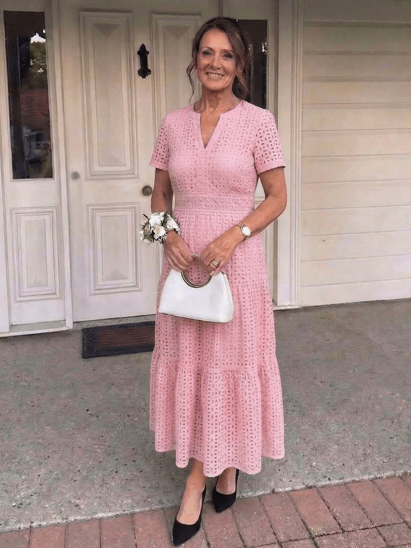 Women's Short-Sleeve Eyelet Midi Dress with Tiered Skirt and Split Neckline