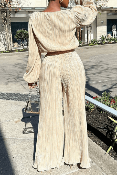 Women's Matching Two-Piece Set with Pleated Wide-Leg Pants and Balloon Sleeve Top