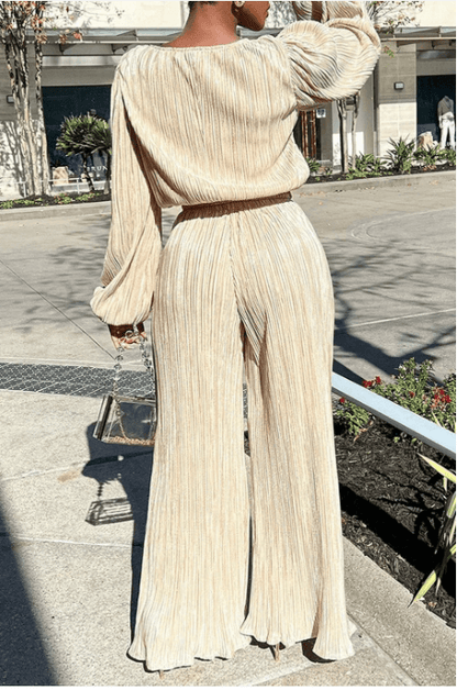 Women's Matching Two-Piece Set with Pleated Wide-Leg Pants and Balloon Sleeve Top