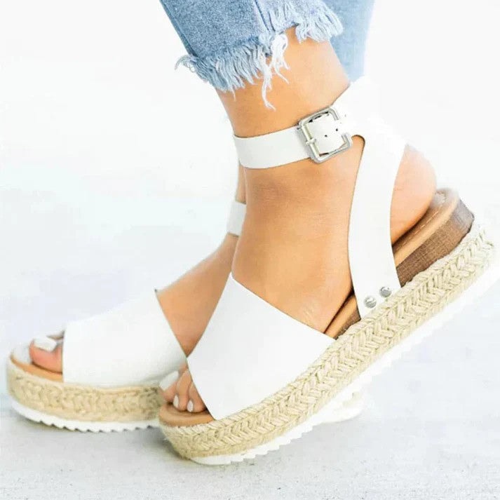 Women's Cushioned PU Leather Espadrille Wedge Sandals with Ankle Strap Buckle