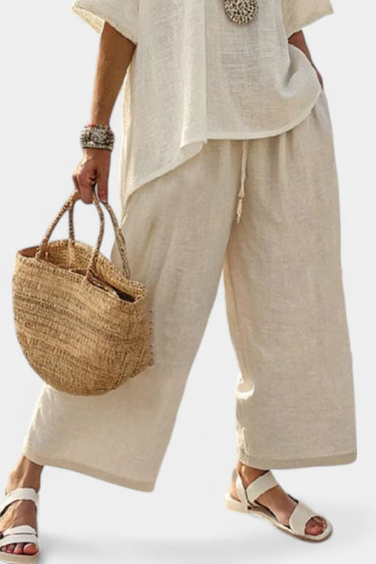 Marley Linen Two-Piece Matching Set with Asymmetrical Top and Wide-Leg Pants