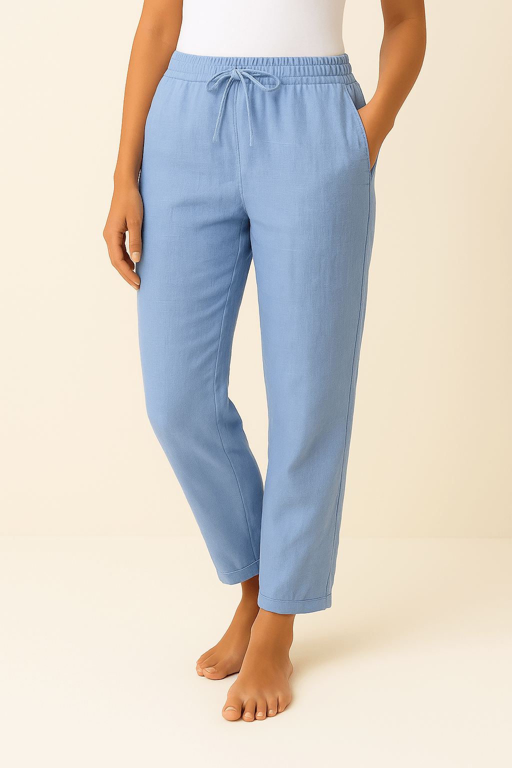 Lightweight Linen Blend Summer Pants with Elastic Drawstring Waist and Pockets