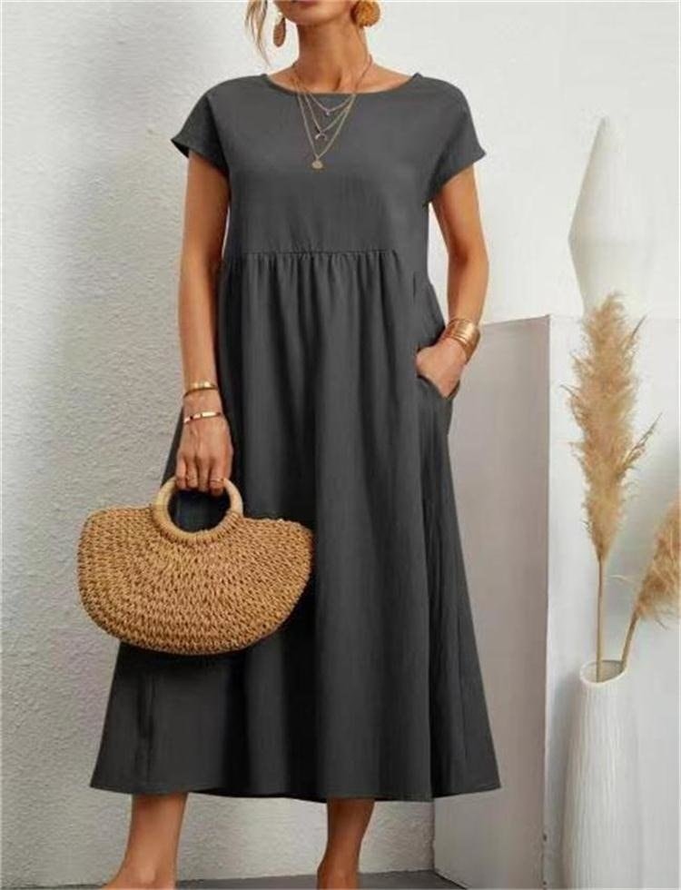 Cotton Blend Women's Midi Dress with Pockets and Cap Sleeves
