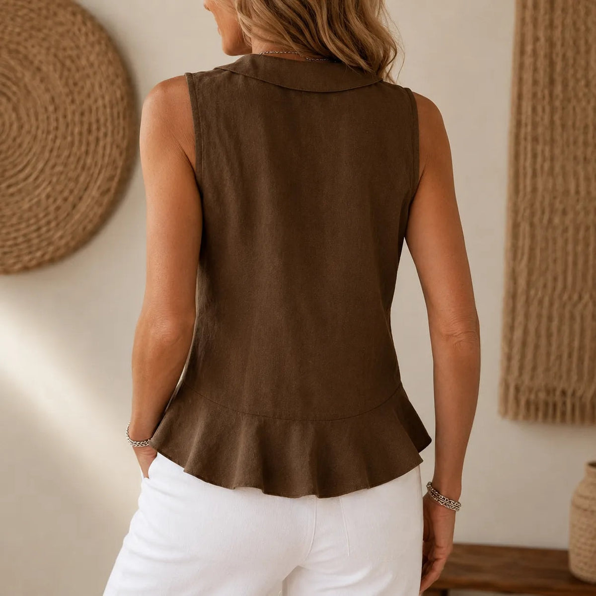 Ruffle V-Neck Peplum Top with Bow Tie for Women in Sleeveless Style