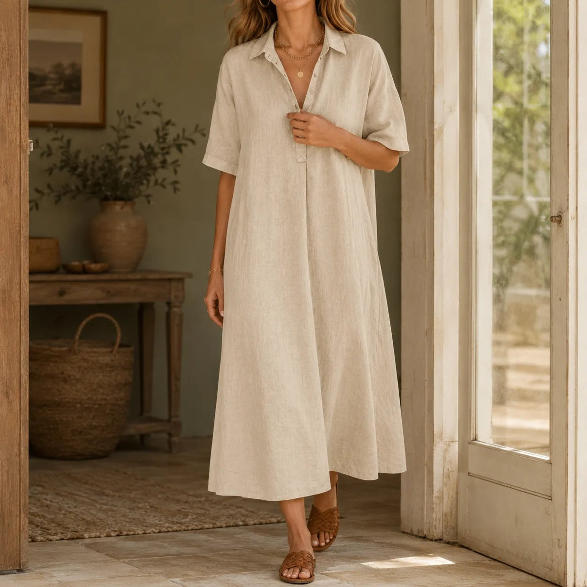 Lunavia Oversized Linen-Look Midi Summer Shirt Dress with Short Sleeves