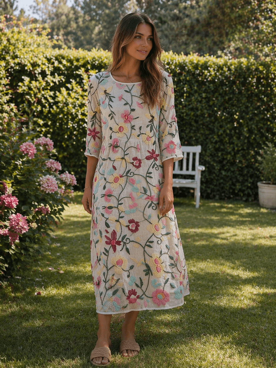 Erica Embroidered Floral Three-Quarter Sleeve Cotton Blend Women's Midi Dress