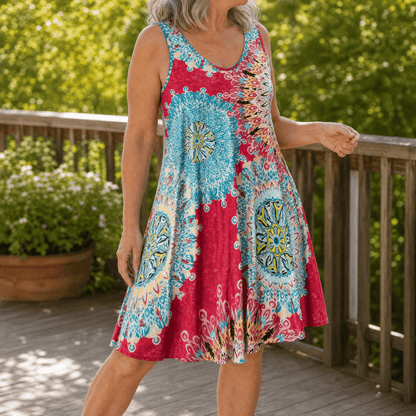 Women's Sleeveless A-Line Mandala Print Summer Dress with Scoop Neck