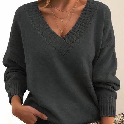 Mercy V-Neck Relaxed Fit Knit Sweater with Ribbed Cuffs