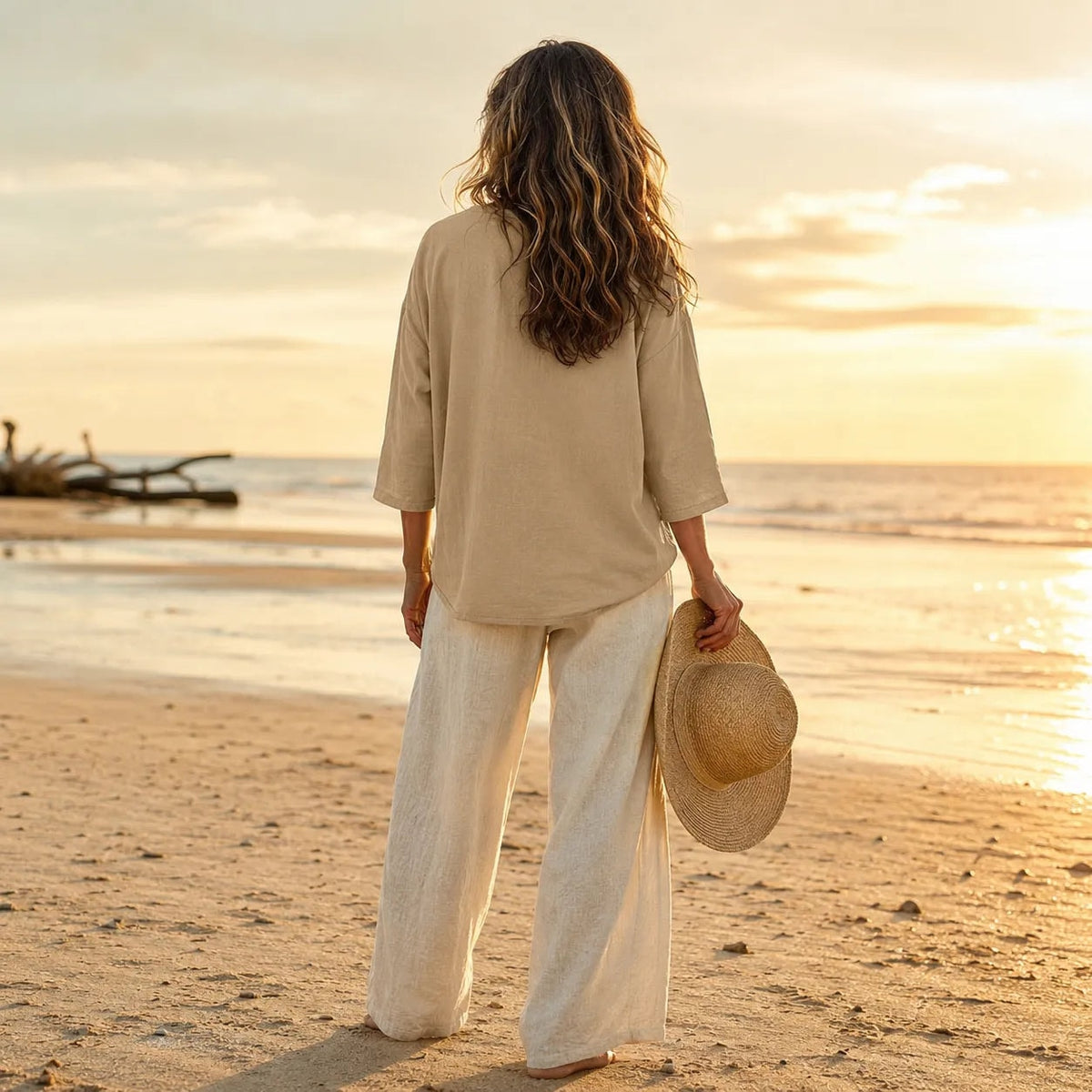 Sereva Women's Relaxed V-Neck Linen Top with Three-Quarter Sleeves