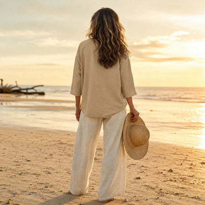 Sereva Women's Relaxed V-Neck Linen Top with Three-Quarter Sleeves