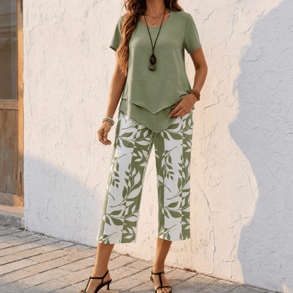 Matching Two-Piece Co-Ord Set with Asymmetric Layered Tunic and Wide-Leg Cropped Pants